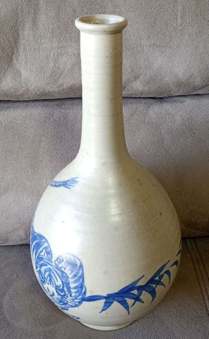 古伊万里　古染付 竹虎図 鶴首徳利　 花器 一輪挿し 時代物