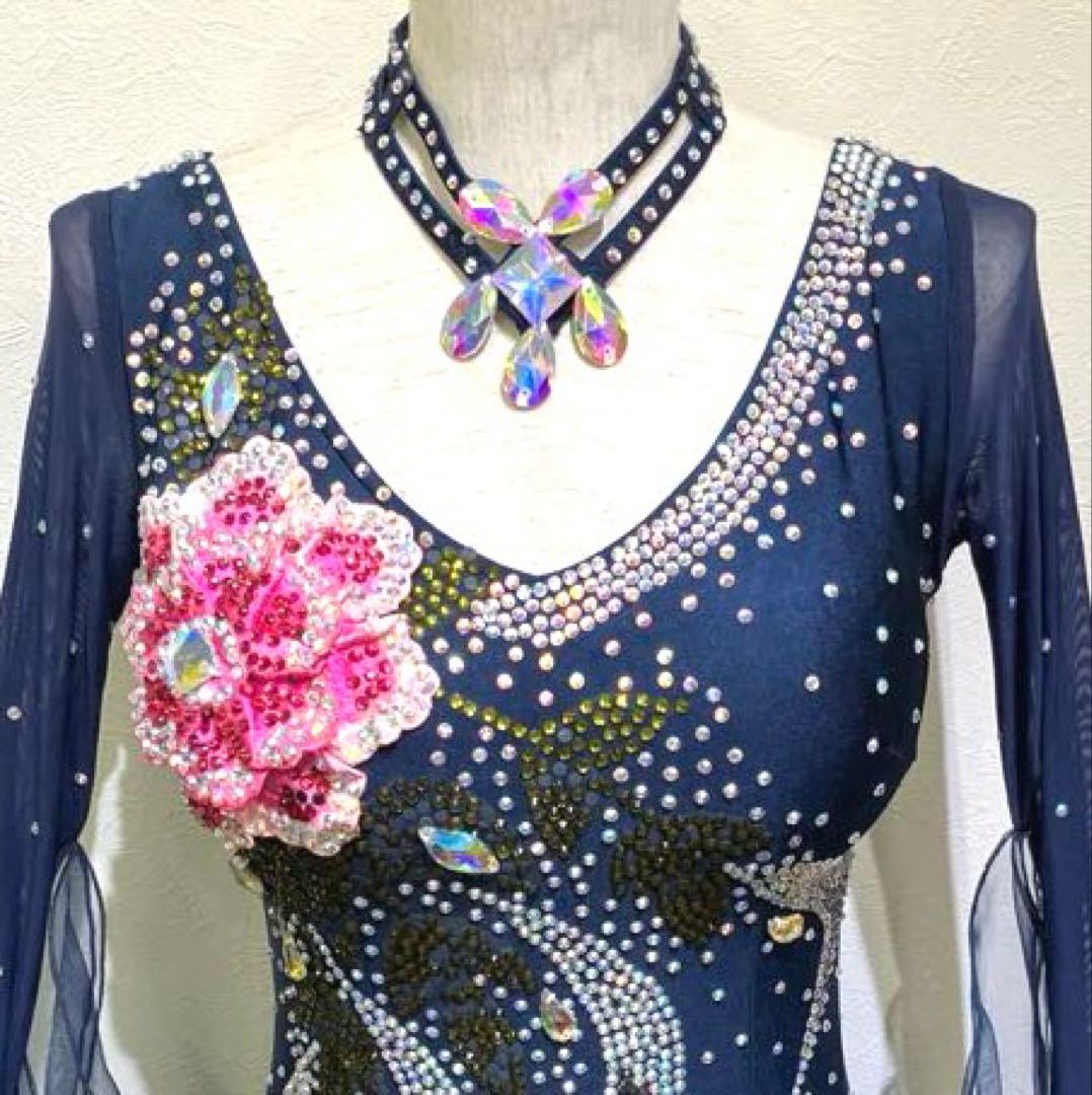 社交ダンス　スタンダードドレス　モダンドレス　　スパンコール　ネイビー　花柄