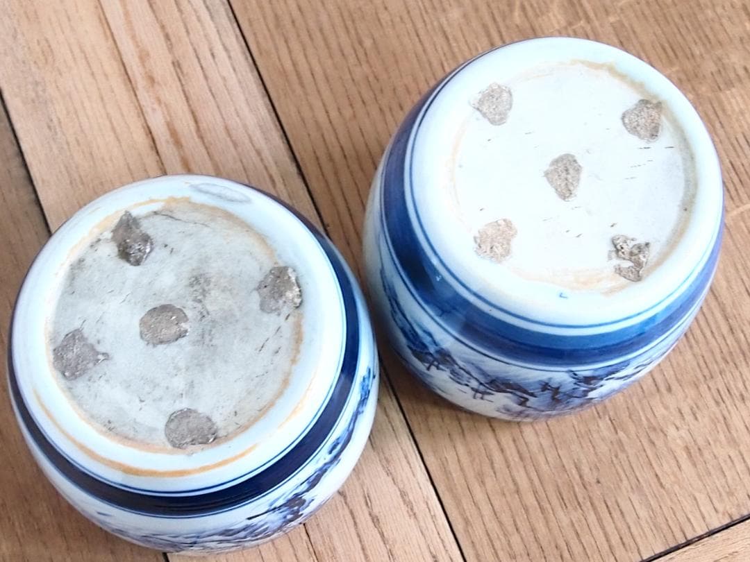 【骨董・美品】染付山水手焙 一対/2個 絵変わり 火鉢/金魚鉢/メダカ鉢 家具