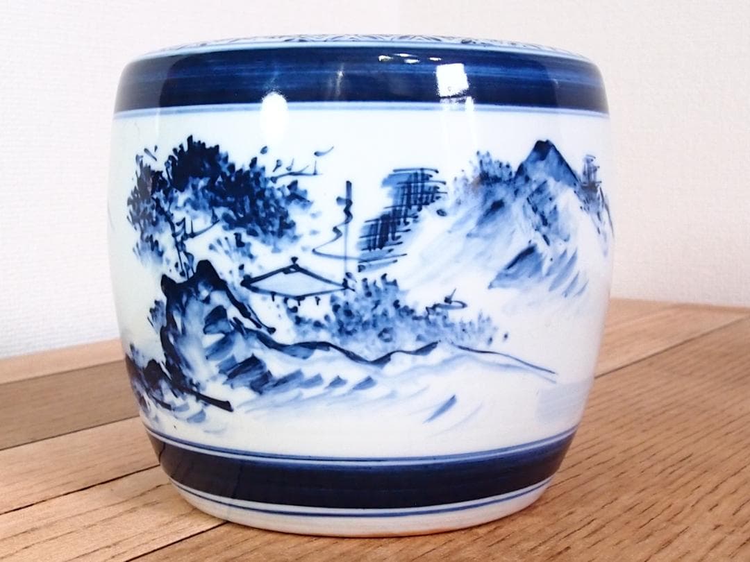【骨董・美品】染付山水手焙 一対/2個 絵変わり 火鉢/金魚鉢/メダカ鉢 家具