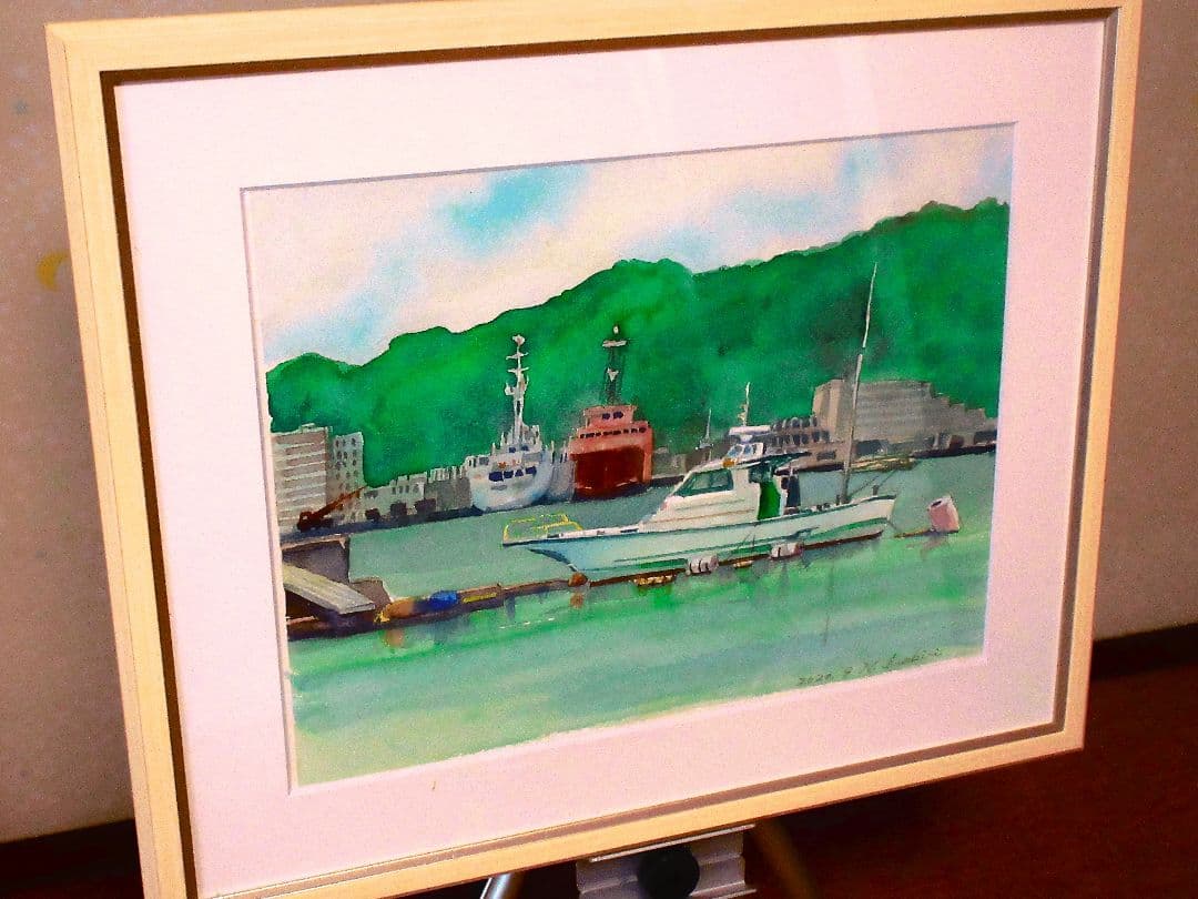 港の風景 水彩画 木製フレーム 額装済み F6号