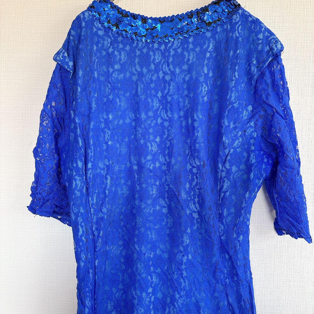 海外デザイン 社交ダンス ドレス ブルー フリンジ スパンコール レース装飾