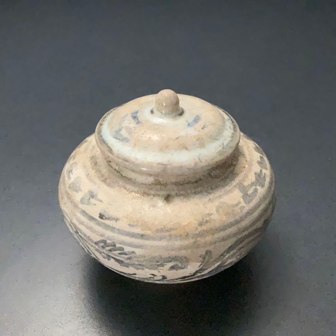 鉄絵蓋つき小壺　タイ　スンコロク　骨董　R1398ダM