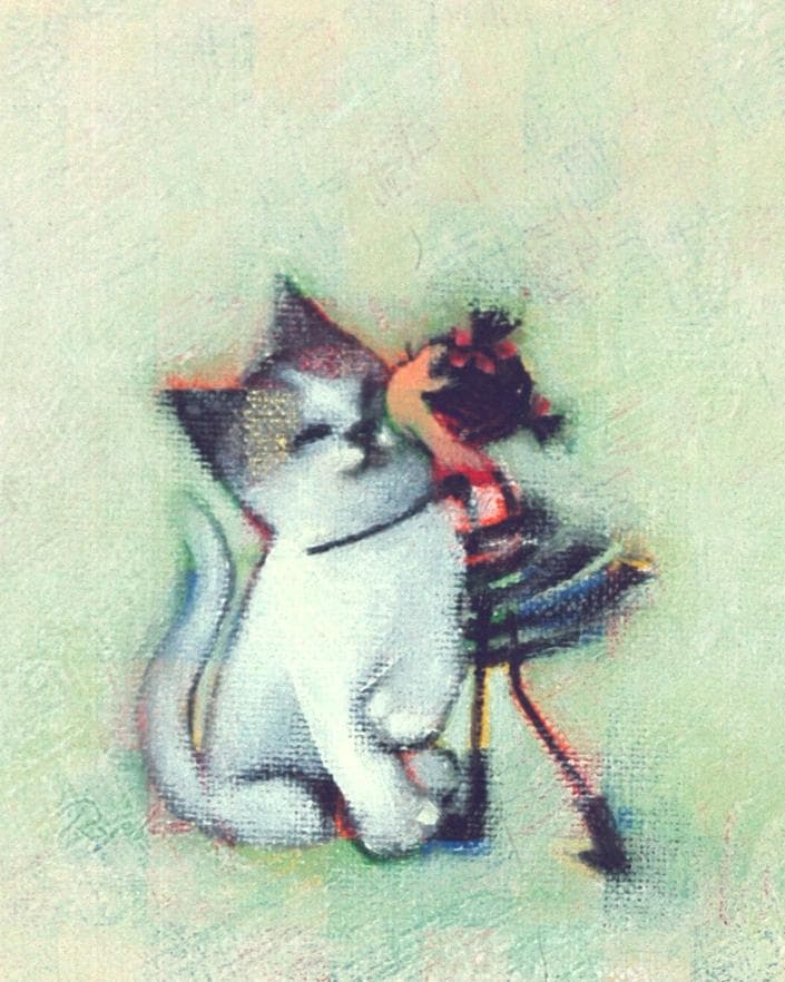 油絵 菅家令子絵 絵画インテリア額付(淡い銀青緑 )F3-051621子猫女の子